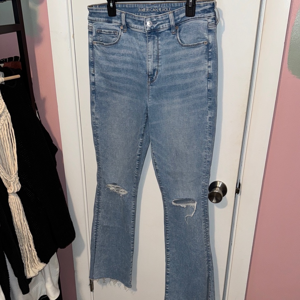 American Eagle Outfitters Medium Blue Distressed Flare Jeans